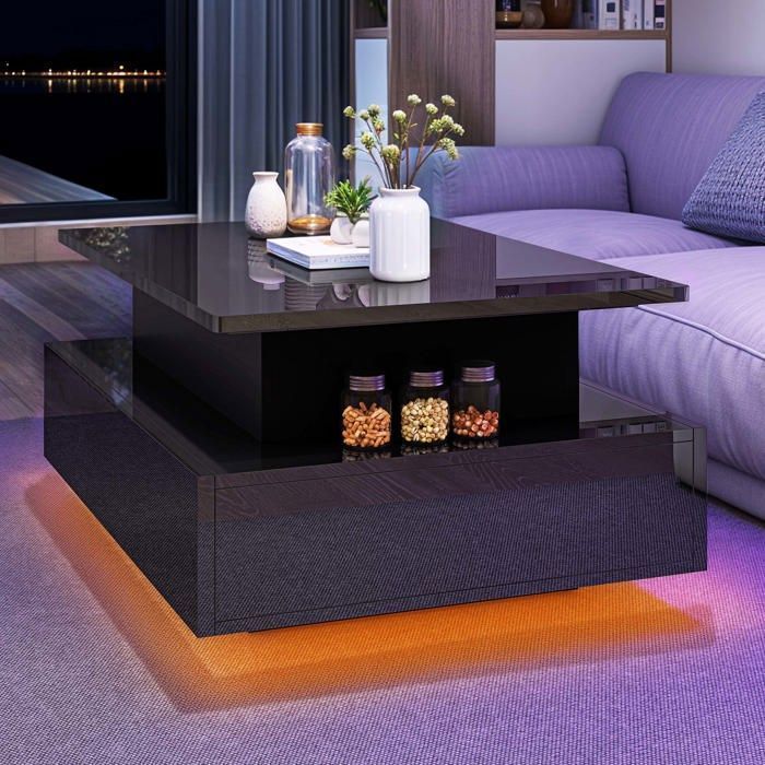 YITAHOME Table Basse Relevable LED 16 Couleurs - Table Salon Rectangulaire Avec 2 Tiroirs, 55T X 85B X 41H Cm