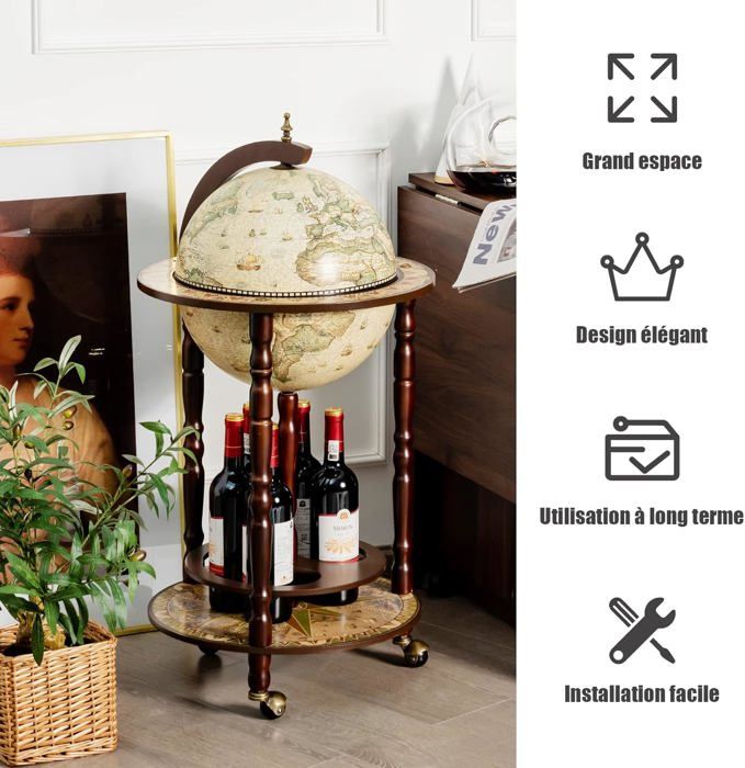 Bar Globe Terrestre Vintage Mappemonde en Bois d'Eucalyptus avec 3