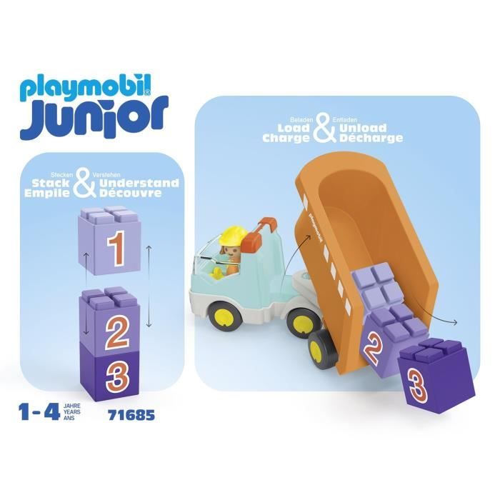 PLAYMOBIL Junior 71685 – Camion Benne Avec Ouvrier Et 3 Pierres à Empiler – Jouet Éco-conçu Végétal – Dès 12 Mois – Sécurité Garantie