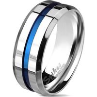 Bague anneau homme acier bicolore rainure fine bande centrale bleue (65)