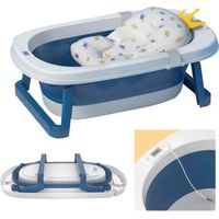 Baignoire pliable bébé pliante évolutive - SINBIDE - Blanc + bleu foncé - Thermomètre - Coussin de bain