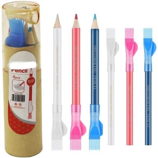 Lot De 6 Crayons De Couture Effaçables à L'eau - 3 Couleurs (blanc, Rouge, Bleu) Avec Bouchon Pinceau - Pour Marquage Tissu