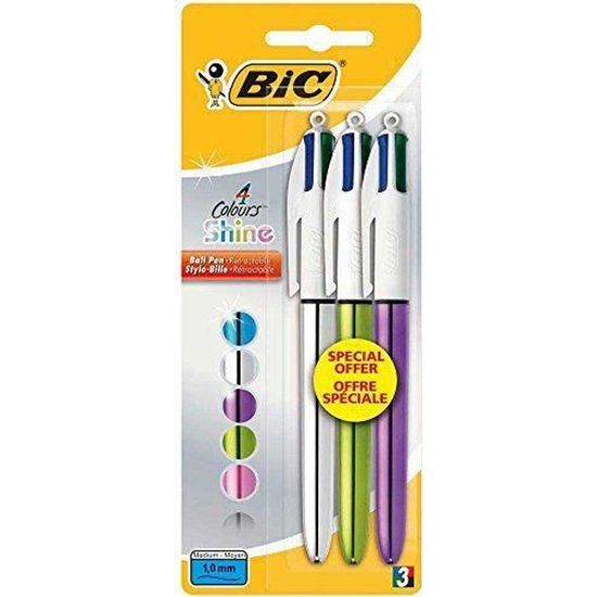 BIC 4 Couleurs Shine Stylos-Bille Rétractables Pointe Moyenne HB Boîte de 12 - Corps Assortis Métallisés Blister de 2+1 & Evolution Original Crayons à Papier avec Gomme Intégrée 1,0 mm