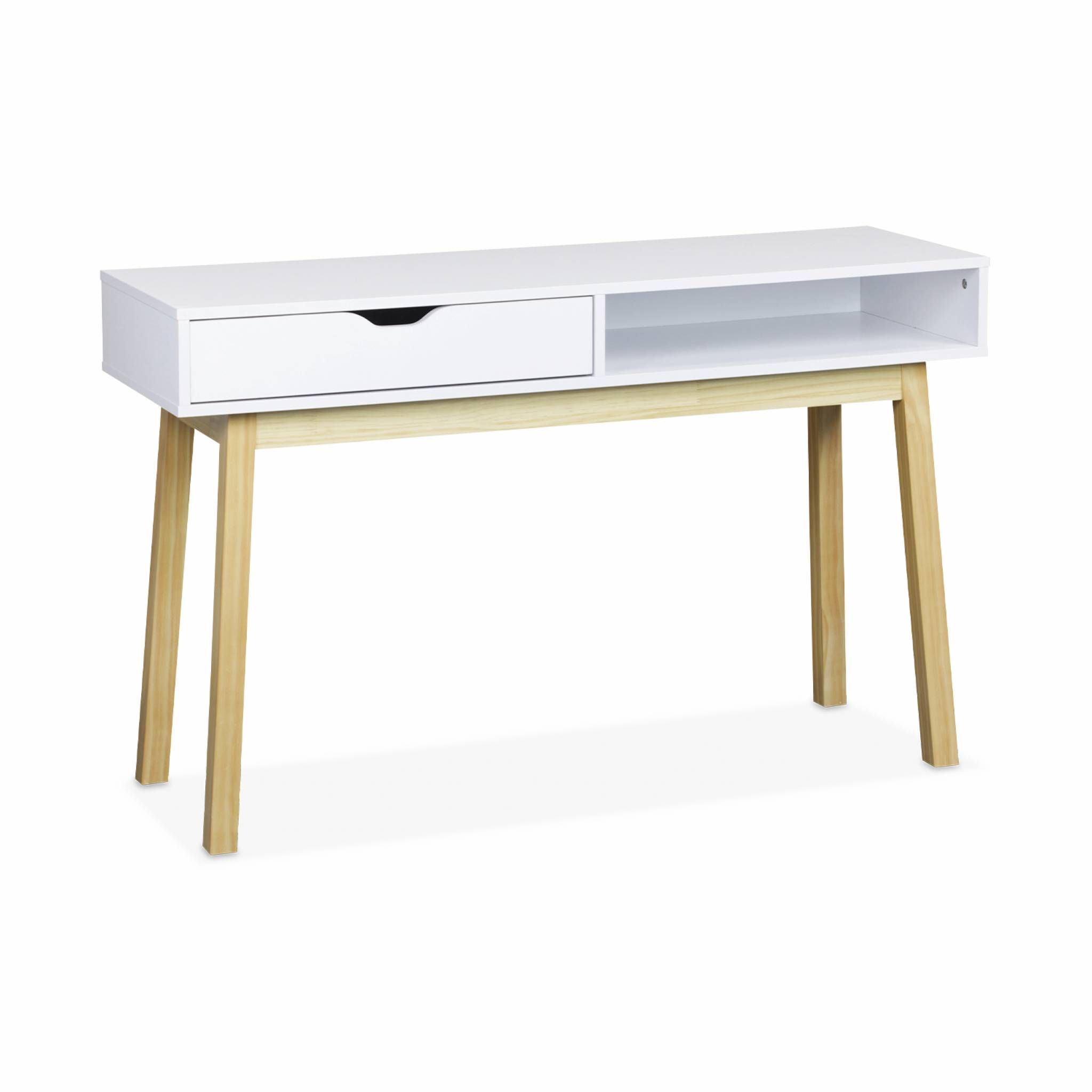 Console scandinave blanche - Floki - avec 1 tiroir et 1 niche. pieds évasé en bois de sapin. 119x37x74.5cm