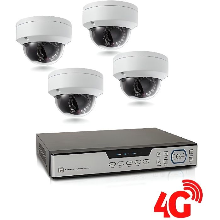 Kit de vidéosurveillance 3G 4G intérieur-extérieur avec enregistreur IP 1To et 4 caméras dôme HD 1080P WIFI