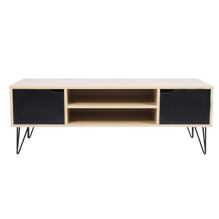 Meuble TV CASNELY vintage pieds métal laqué, décor chêne et noir