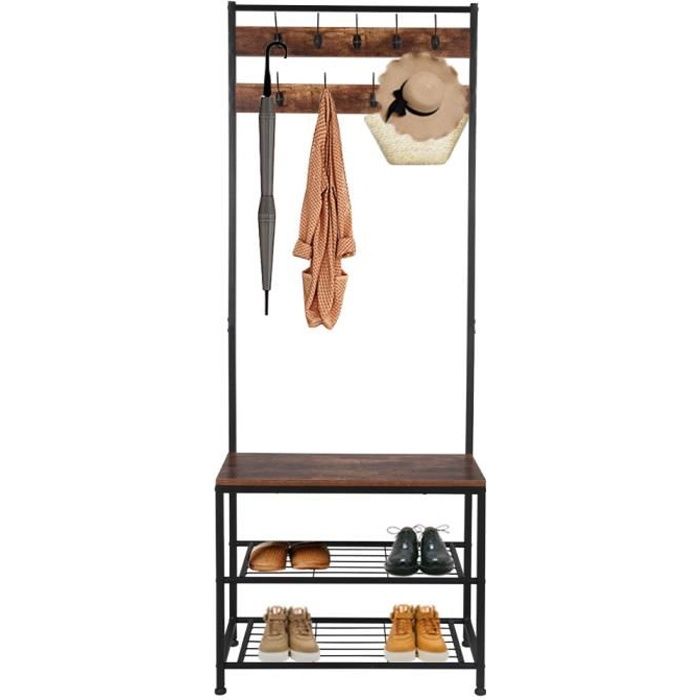 Porte manteau avec Banc à 3 Niveaux Chaussures ,Vestiaire, pour Couloir, Salon,Style Industriel, Marron Rustique 70x32x180cm