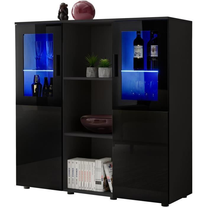 Extreme Furniture Buffet Dream - LED bleues - Noir Brillant & Noir - Façades en Brillant - L120cm x H125cm x P41cm