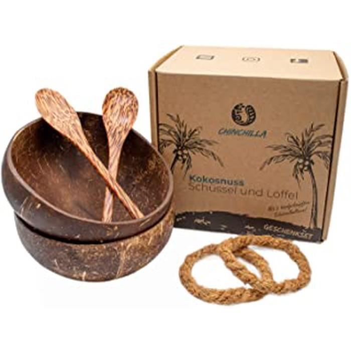 ® Pack De 2 Bols En Noix De Coco + Cuillère En Bois – Buddha Bowl 100% Naturel, Sans Plastique Et Fait Main Pour Votre Muesli, Vos S