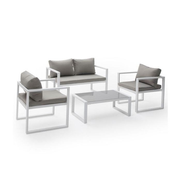 Salon de jardin IBIZA en tissu gris 4 places - aluminium blanc