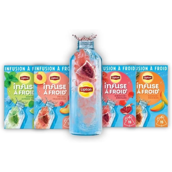 LIPTON Coffret Infuse à froid & Gourde - Boisson 3 goûts : Hibiscus Grenade, Mangue Rooibos et Citron Camomille