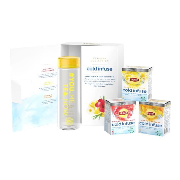 LIPTON Coffret Infuse à froid & Gourde - Boisson 3 goûts : Hibiscus Grenade, Mangue Rooibos et Citron Camomille