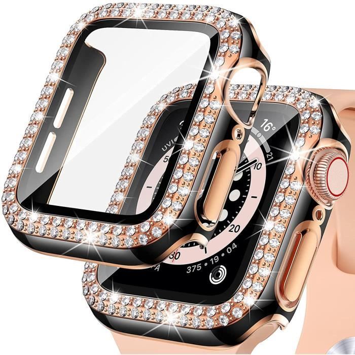 pour Apple Watch Coque 40mm Série 6/SE/5/4, Bling Crystal Double Diamond Thin Bumper Full Cover Housse de Protection-Or Rose 40mm