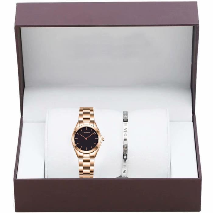 Montre Femme Coffret - Montre Vintage De Luxe + Bracelet - Bracelet En Acier Inoxydable, Cadran Noir