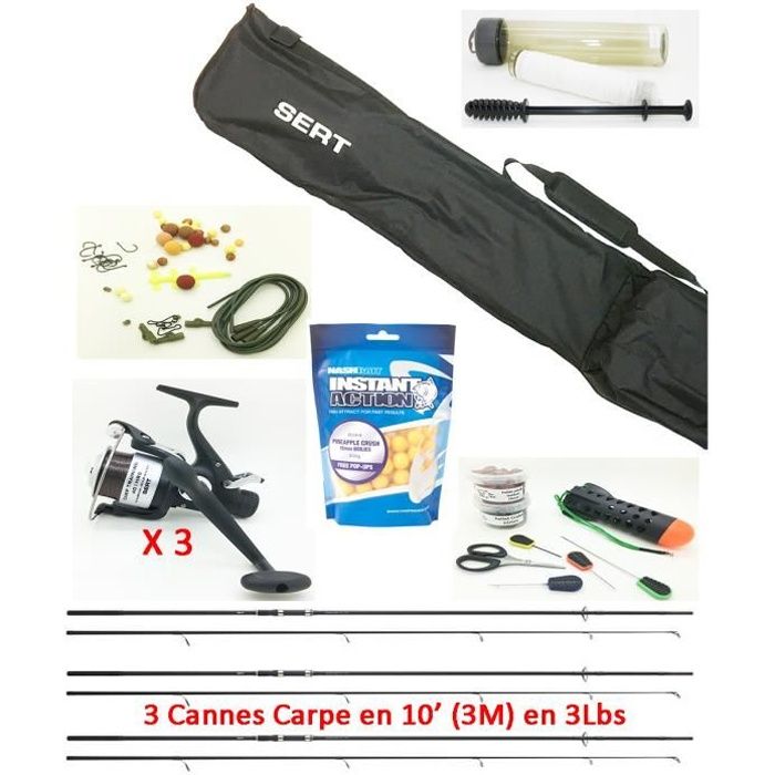 Pack complet Carpe batterie, 3 Cannes 10’ (3m) + 3 Moulinets débrayable garni + Fourreau +accessoires