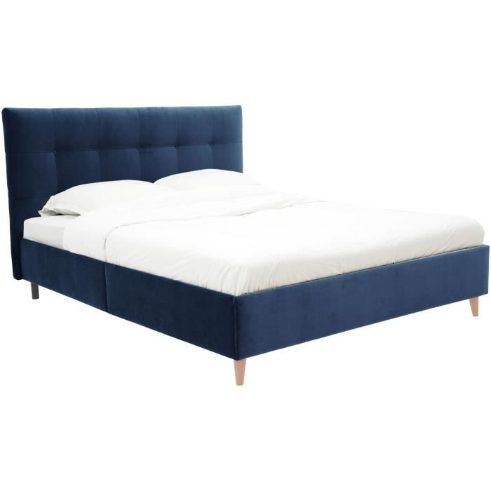Lit adulte LONY - Couchage 160x200 cm - Tissu velours mat Navy - Structure bois - Sans sommier - L16