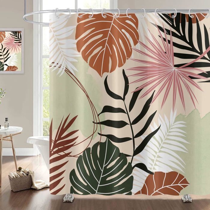 Bleu Marine Rideau De Douche, Feuilles Exotiques Et Formes Géométriques