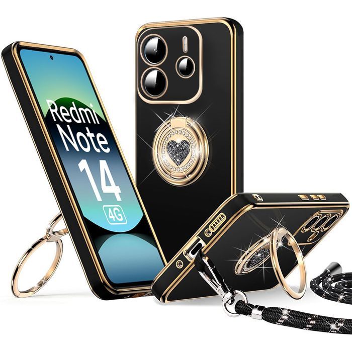 Coque Avec Cordon Pour Xiaomi Redmi Note 14 (6.67") - Protection Antichoc Dos Translucide Givré - Lanière Réglable 1,6m, Or Noir