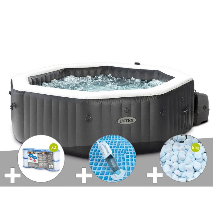 Kit spa gonflable Intex PureSpa Carbone octogonal Bulles et Jets 4 places + 12 filtres + 5 kg de sel + Aspirateur