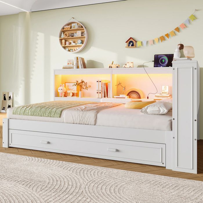 Canapé-lit 90x200 cm - MODERNLUXE - Lit gigogne - LED - Ports USB/Type-C - Blanc (matelas non inclus) Canapé-lit 90x200 cm - MODERNLUXE - Lit gigogne - LED - Ports USB/Type-C - Blanc (matelas non inclus)