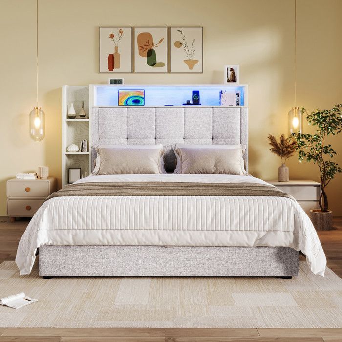 Lit coffre rembourré 90x200 cm - Avec USB Type-C - LED - lin - Avec compartiments de rangement - Beige (matelas non inclus) Lit coffre rembourré 90x200 cm - Avec USB Type-C - LED - lin - Avec compartiments de rangement - Beige (matelas non inclus)