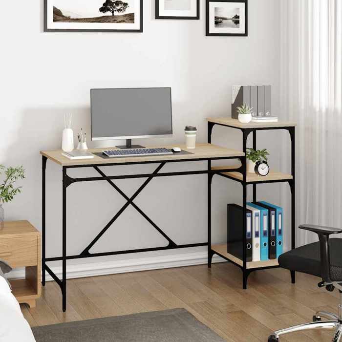 Bureau Brun SWEETY Table dordinateur 1 PLACE et étagères chêne sonoma 135x50x90cm bois ingénierie/fer BBB551