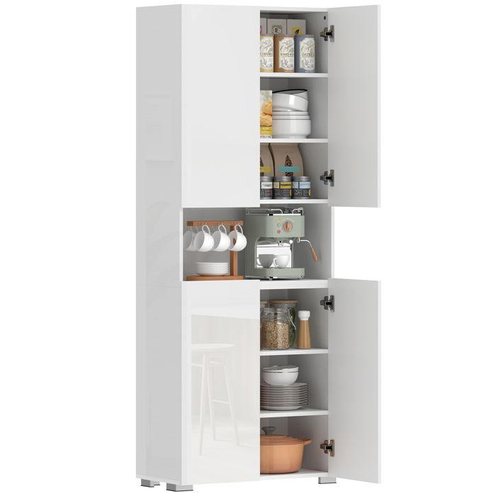 Armoire de cuisine - HOMCOM - 4 portes à fermeture douce et étagères réglables - MDF - 68x34x180cm - blanc brillant