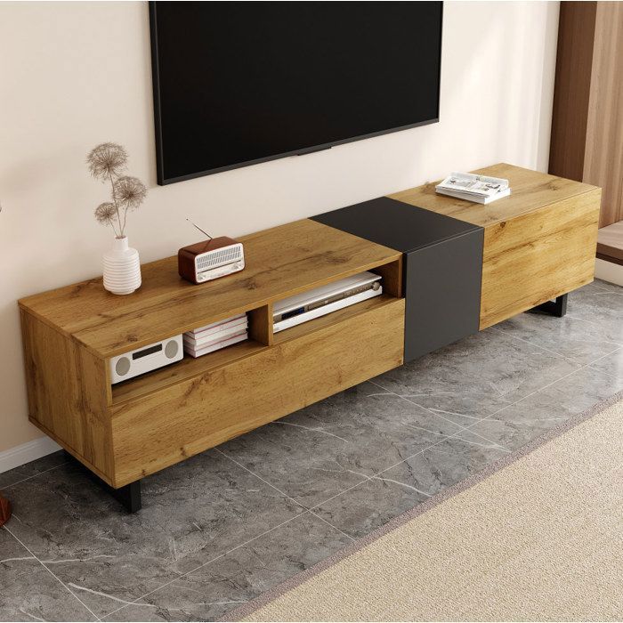 Meuble TV bicolore 170 x 42 x 36 5 cm 3 portes dont 1 abattante 2 niches pieds métal