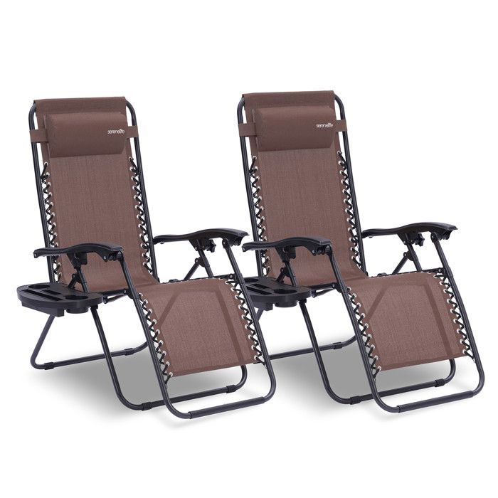 Set de 2 Chaises Longues - SereneLife - Chaises Pliantes pour Extérieur avec Porte-Gobelets - Oreillers Amovibles - Marron