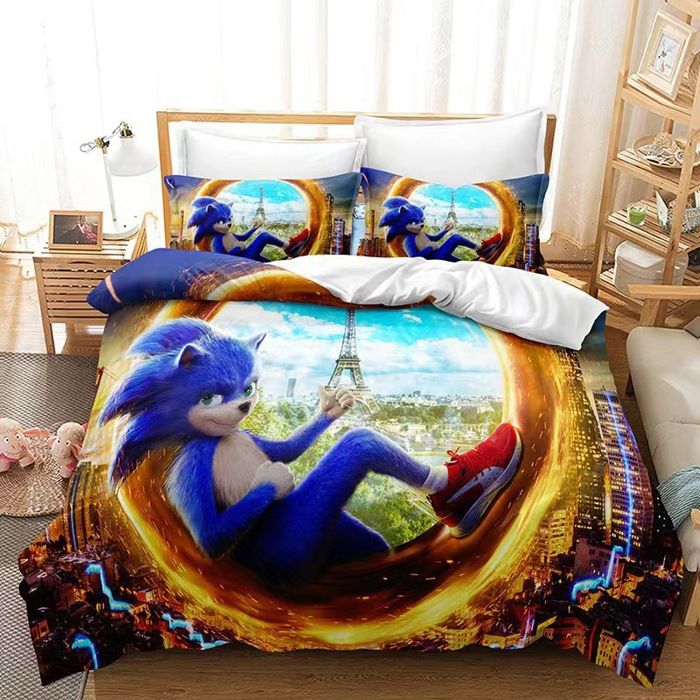 Parure de couette Sonic 3D 220×240cm pour chambre à coucher + 2 taies 65×65cm
