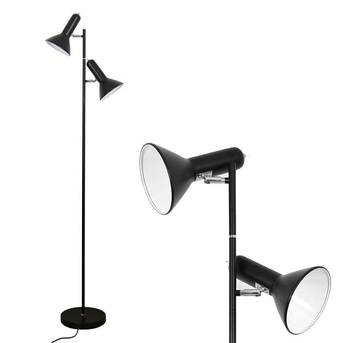 Lampe sur pied Amdelne LED double culot douilles E27 (ampoules non fournies) abat-jour en forme de cornet noir