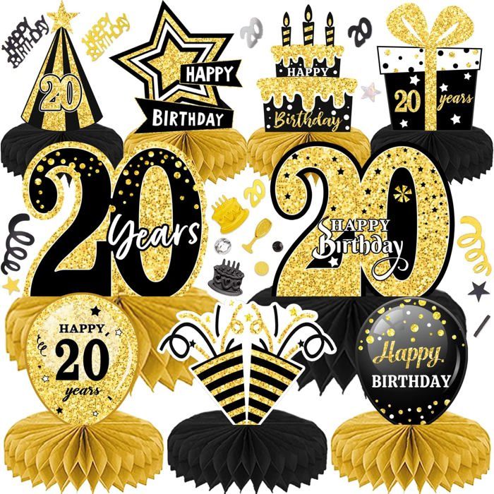 Centre de Table Anniversaire 20 Ans en Nid dAbeille - Décoration de Fête 10 Pièces - Pour Hommes et Femmes