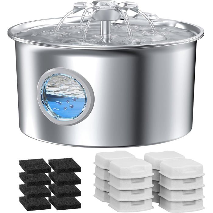 Fontaine à Eau INOX 26L pour Chats et Chiens - Cascade Fleurie avec Fenêtre de Niveau - 8 Filtres + 8 Éponges Inclus