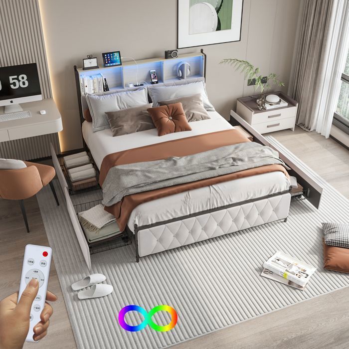 Lit 140x200 cm - Structure de lit - RWUDV - LED - USB - lit double - lit adulte - cadre de lit 140x200 - sommier à lattes - Beige