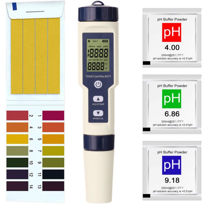 Testeur multifonction professionnel 5 en 1 : pH/EC/TDS/Salinité/Thermomètre testeur de qualité de leau