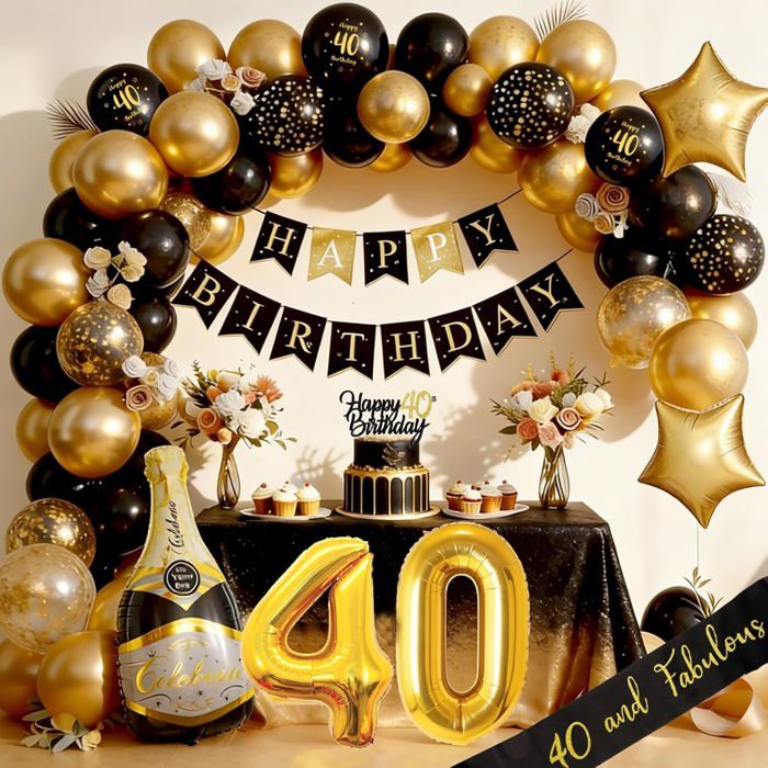 Décorations danniversaire 40 ans pour hommes et femmes - Ballons de fête 40 ans noir et doré - Adaptables pour arche de ballons