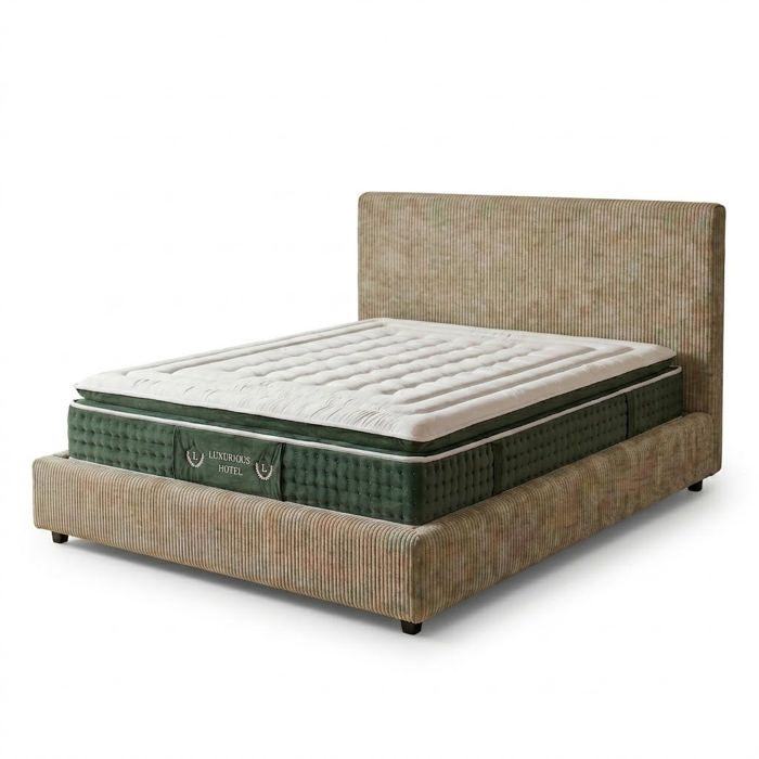 Ensemble lit coffre beige - Tête de lit coffre et matelas hôtelier - 180x200 - Velours côtelé Ensemble lit coffre beige - Tête de lit coffre et matelas hôtelier - 180x200 - Velours côtelé