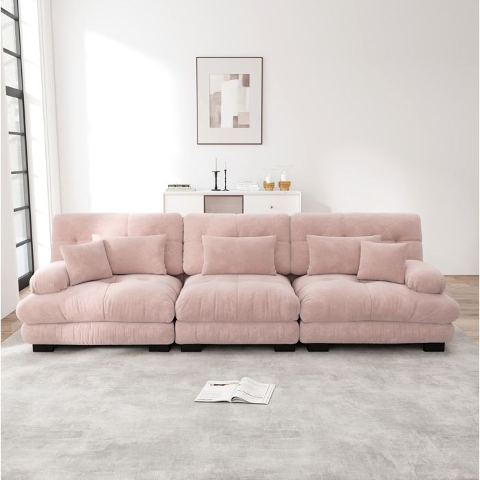 Canapé dangle modulable 3 places en chenille rose assise profonde et dossier confortable