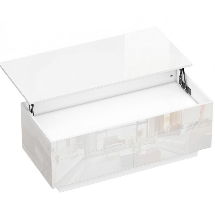 Table basse relevable blanche brillante 102 x 48 cm avec rangement caché et 2 tiroirs