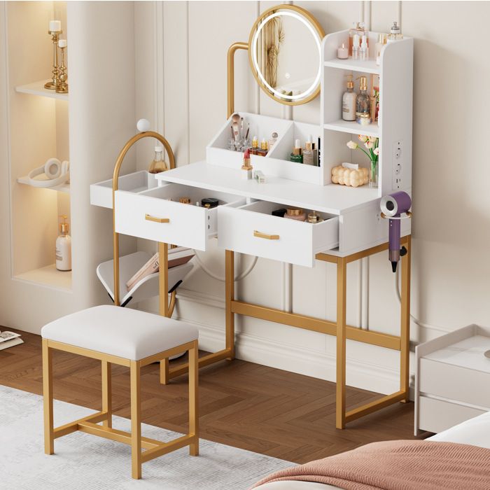Coiffeuse 80 x 40 x 138 5 cm avec miroir LED rotatif 2 prises 2 ports USB tabouret blanc et or