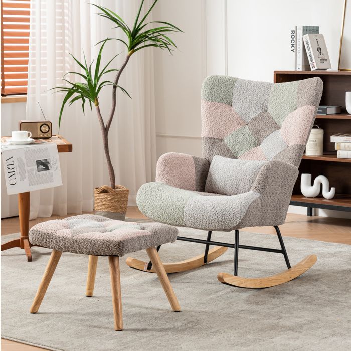Fauteuil à bascule multicolore avec repose-pieds et coussin lombaire bois massif dhévéa salon ORVRYN