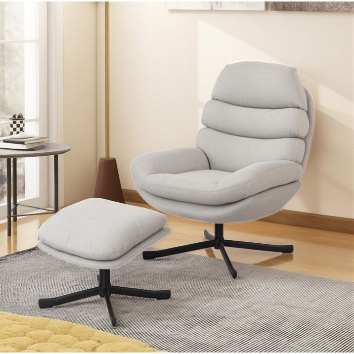 Fauteuil Relax Pivotant 360° avec Repose-Pieds en Chenille - TCQPZ - Dossier Haut Accoudoirs Blanc Crème 78 × 93 × 100 cm