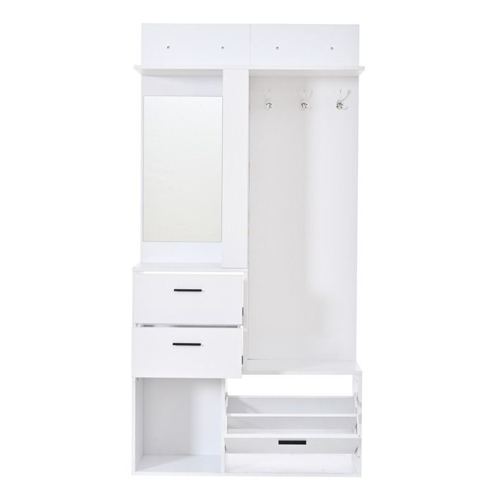 ELVORIN meuble d entree vestiaire 90 x 30 x 180 cm miroir en verre 2 tiroirs 3 crochets blanc
