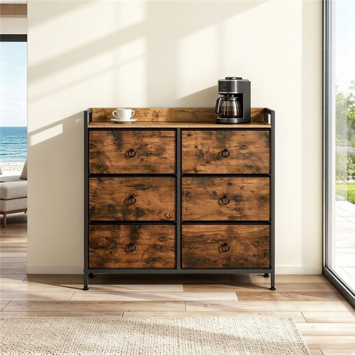 Meuble rangement 6 tiroirs structure métal bois E1 usage dressing salon cuisine tiroirs amovibles antidérapant