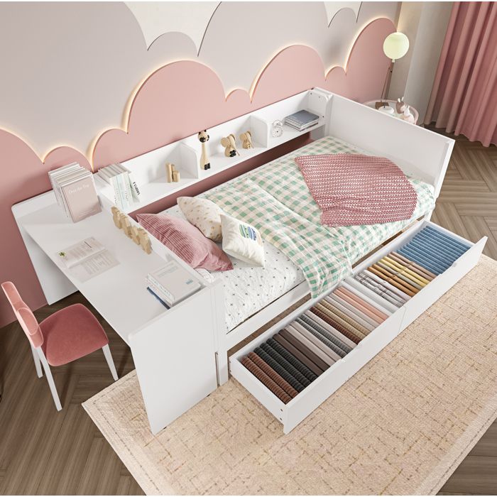 Lit combiné avec bureau intégré 90 x 200 cm - Pin et panneaux de particules - Blanc
