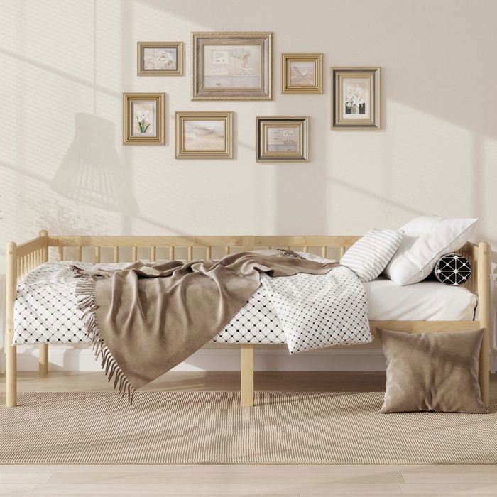 Lit Banquette Enfant 90x200 cm en Pin Massif avec Barrières de Sécurité 3 Côtés et Sommier à 14 Lattes - Bois Naturel