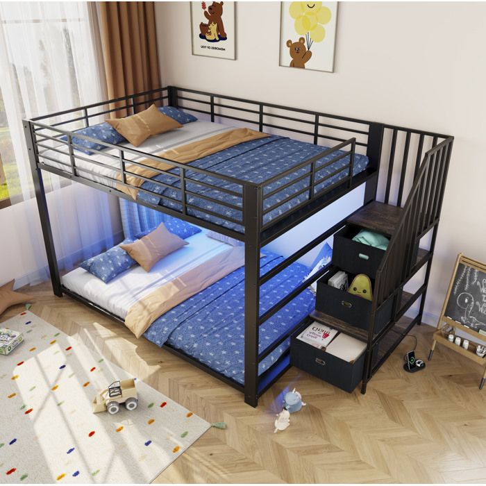 MEUBLIV Lit superposé adulte 140 x 200 cm noir escalier réversible à tiroirs LED et prises USB
