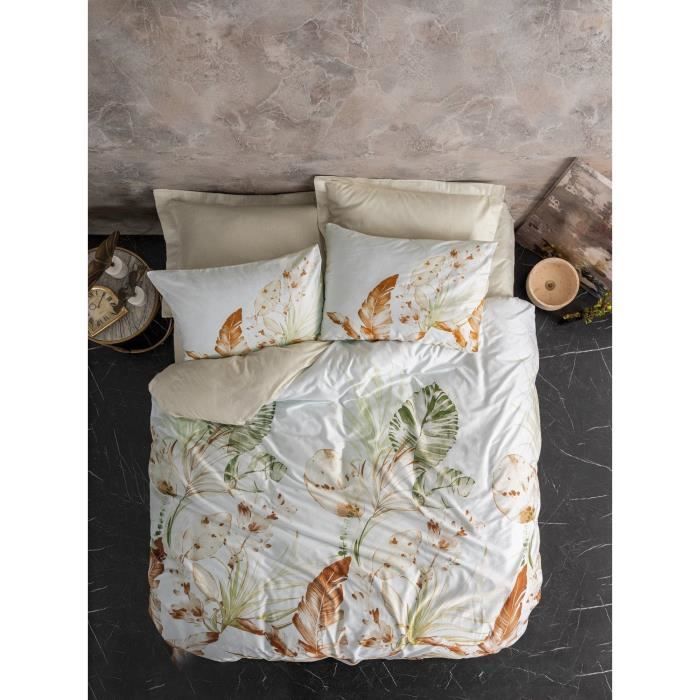Parure de lit - 1 housse de couette 220 x 240 cm + 2 taies doreiller 60 x 60 cm - Satiné 100% coton - Beige