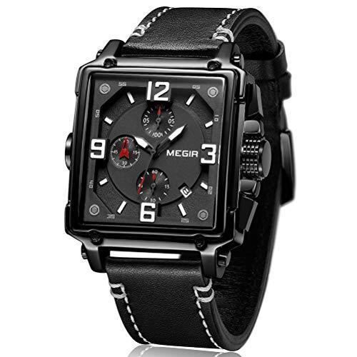 Montre homme rectangulaire noir en cuir etanche MEGIR Sport All Black Quartz Analogique Noir Achat vente montre Homme Cuir Cdiscount