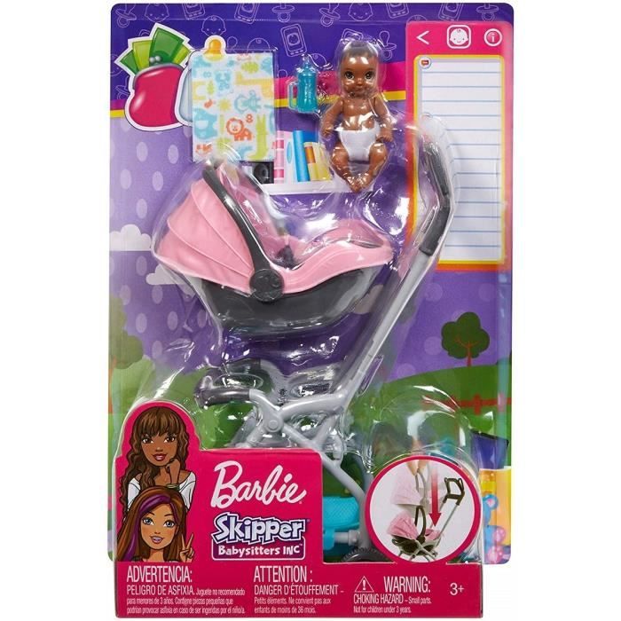 Coffret Poupée Barbie Skipper Baby-Sitter Poussette Mattel : King Jouet,  Barbie et poupées mannequin Mattel - Poupées Poupons